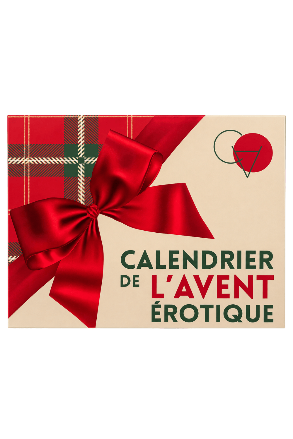 Calendrier de l'Avent érotique 2026 avec ruban rouge, boîte beige, texte vert et rouge, motif tartan.