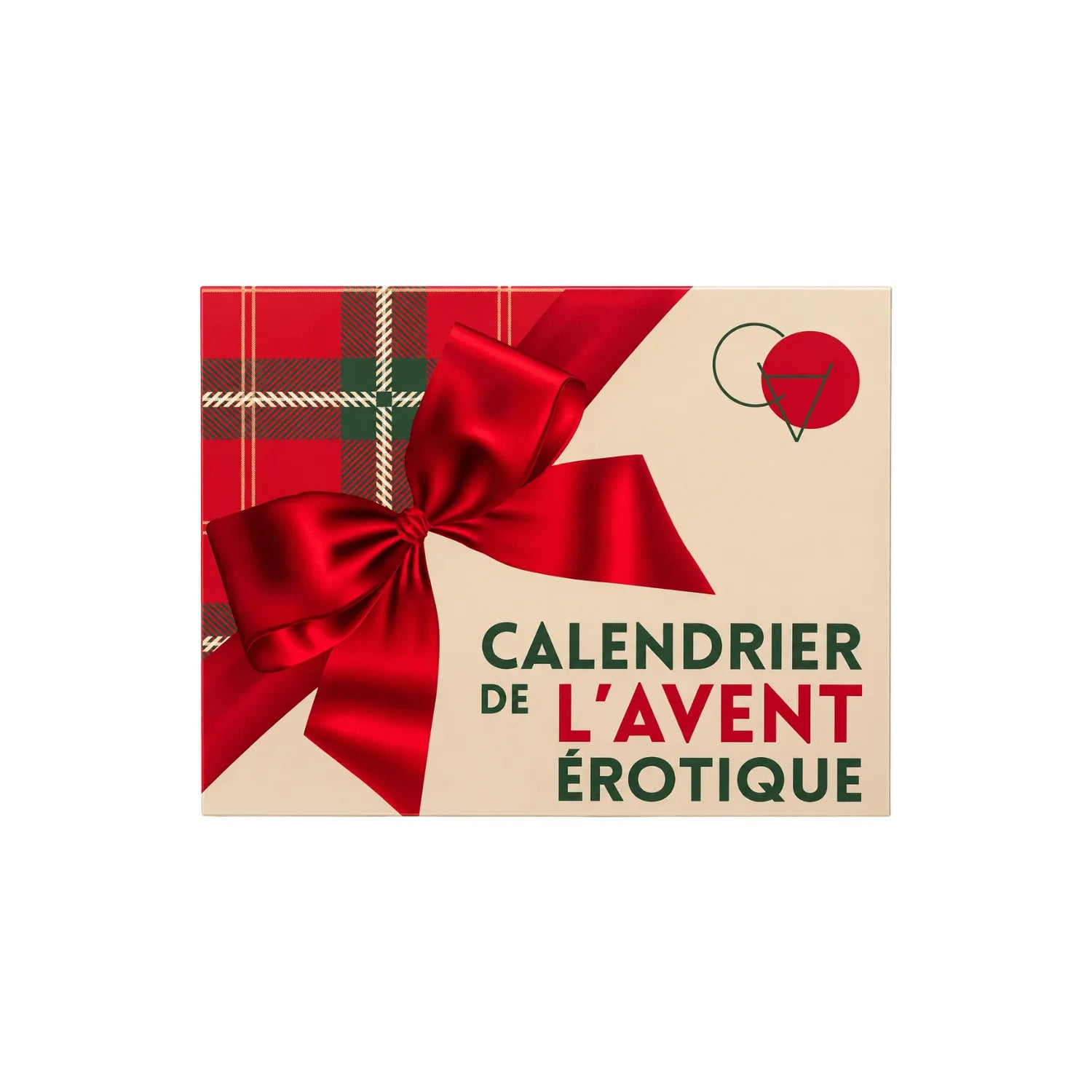 Calendrier de l'Avent érotique 2026 avec ruban rouge, boîte beige, texte vert et rouge, motif tartan.