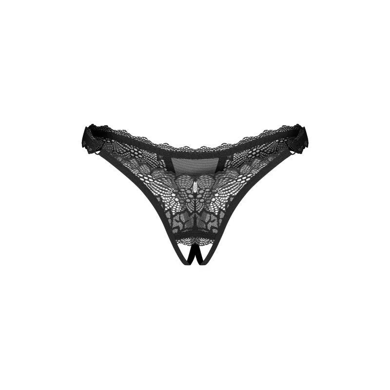 String ouvert noir en dentelle légère, design élégant et audacieux, coupe flatteuse pour les hanches, détails raffinés.