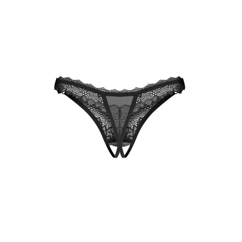 String ouvert noir en dentelle légère, design élégant et audacieux, coupe flatteuse pour les hanches, détails raffinés.