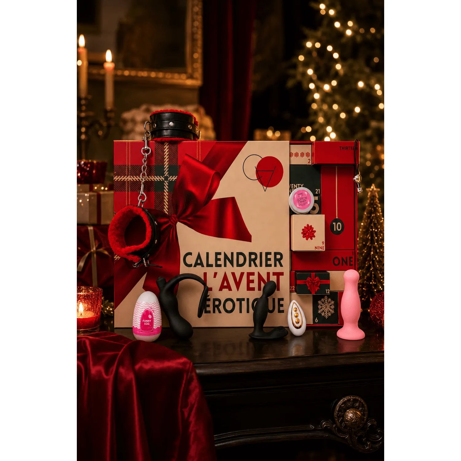 Calendrier de l’Avent érotique gay avec jouets intimes colorés, boîte rouge et noire, ambiance festive et élégante.