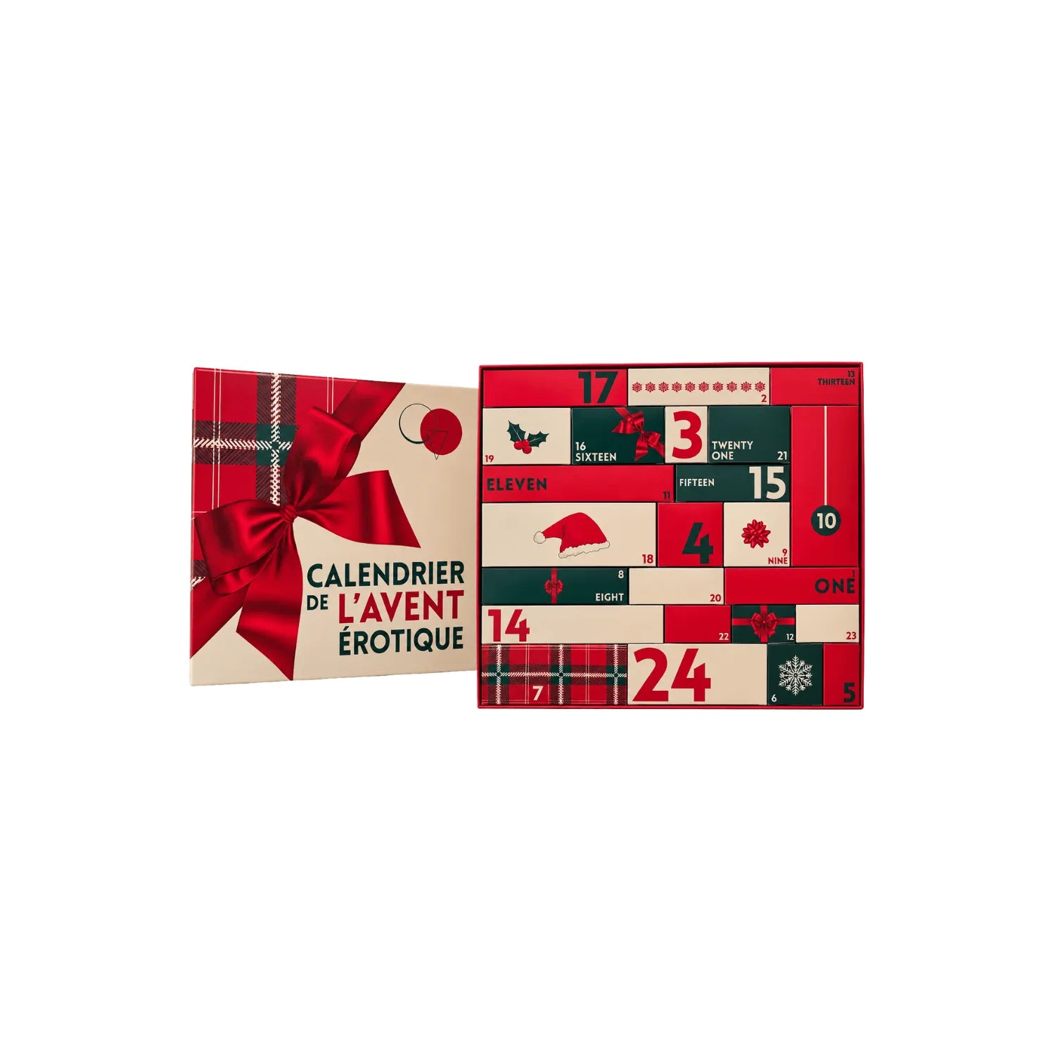 Calendrier de l'Avent érotique gay 2026, boîte rouge et blanche avec motifs festifs, 24 cases numérotées.