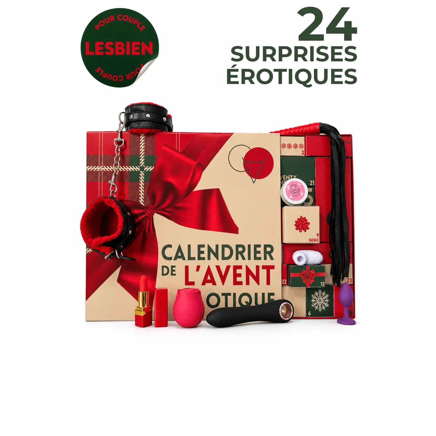 Calendrier de l’Avent érotique lesbien, boîte rouge et beige avec ruban, sextoys et accessoires sensuels exposés.