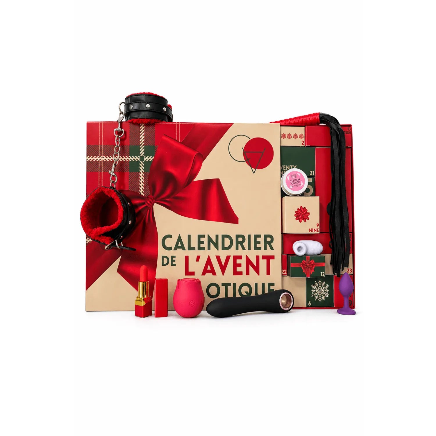 Calendrier de l'Avent érotique lesbien avec sextoys, accessoires BDSM légers, produits de massage et lingerie rouge.