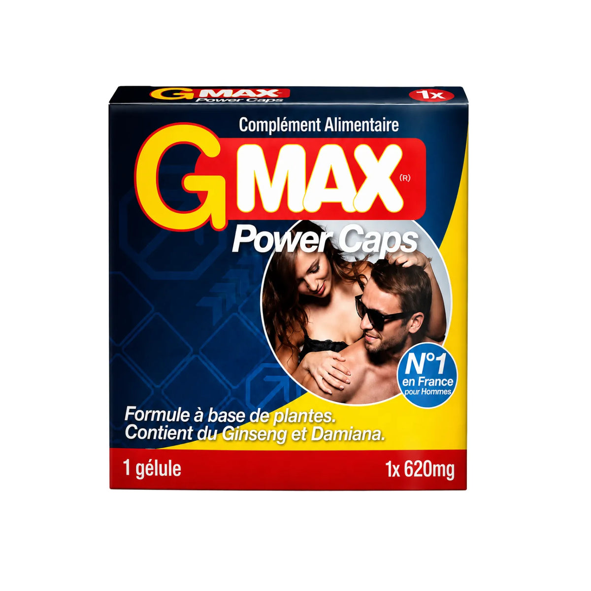Boîte de G-MAX Power Caps, complément alimentaire masculin, 1 gélule, 620 mg, avec Ginseng et Damiana, fond bleu.