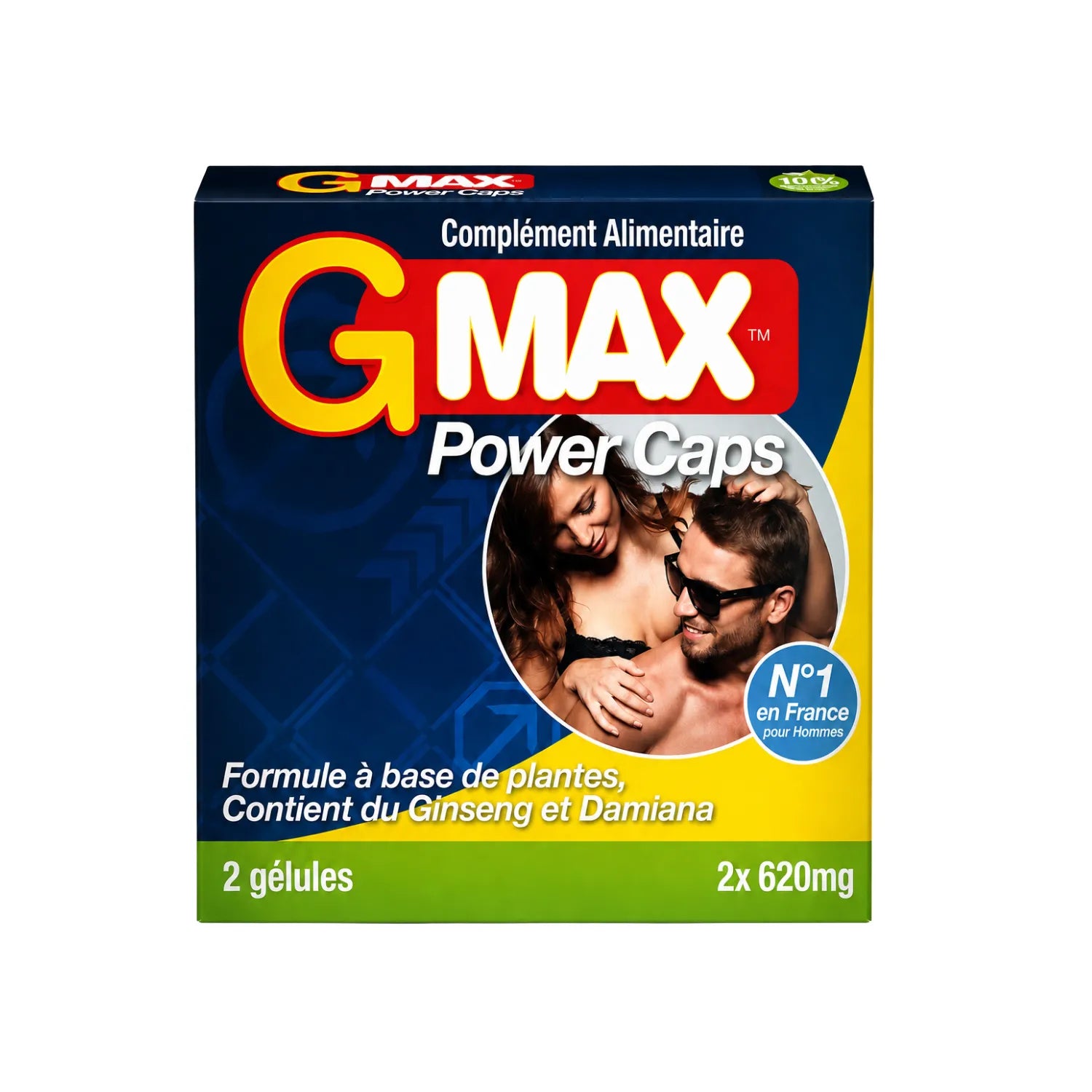 Boîte G-MAX Power Caps, 2 gélules, complément masculin, ginseng, ginkgo, damiana, fond bleu, texte blanc et jaune.