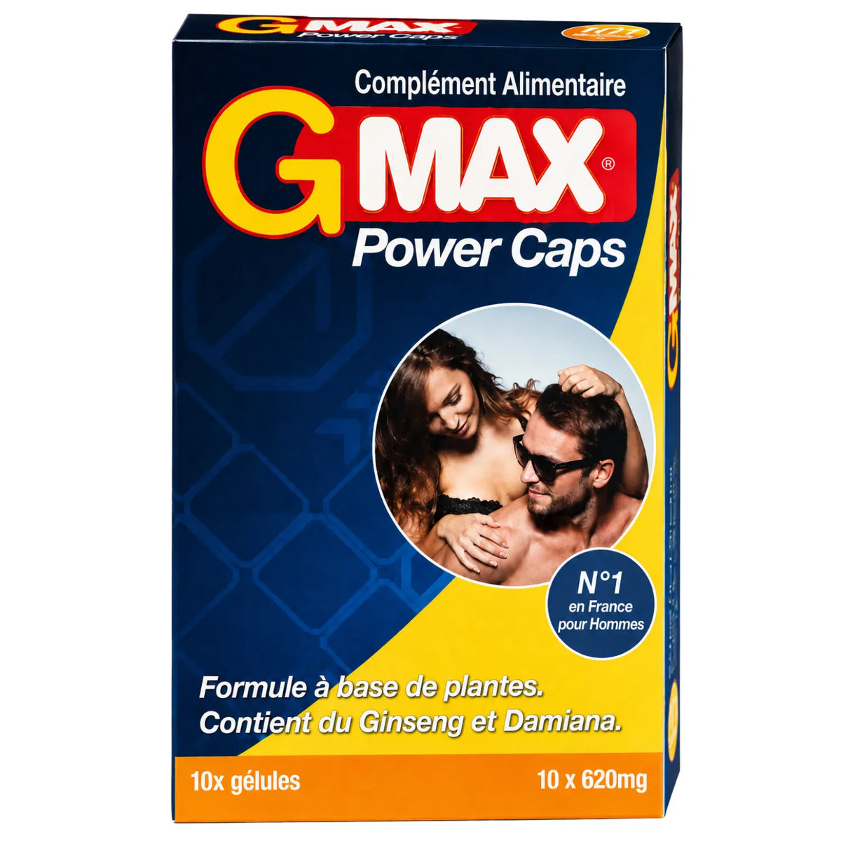 Boîte de G-MAX Power Caps, 10 gélules, complément pour vitalité masculine, avec Ginseng et Damiana, emballage bleu et jaune.
