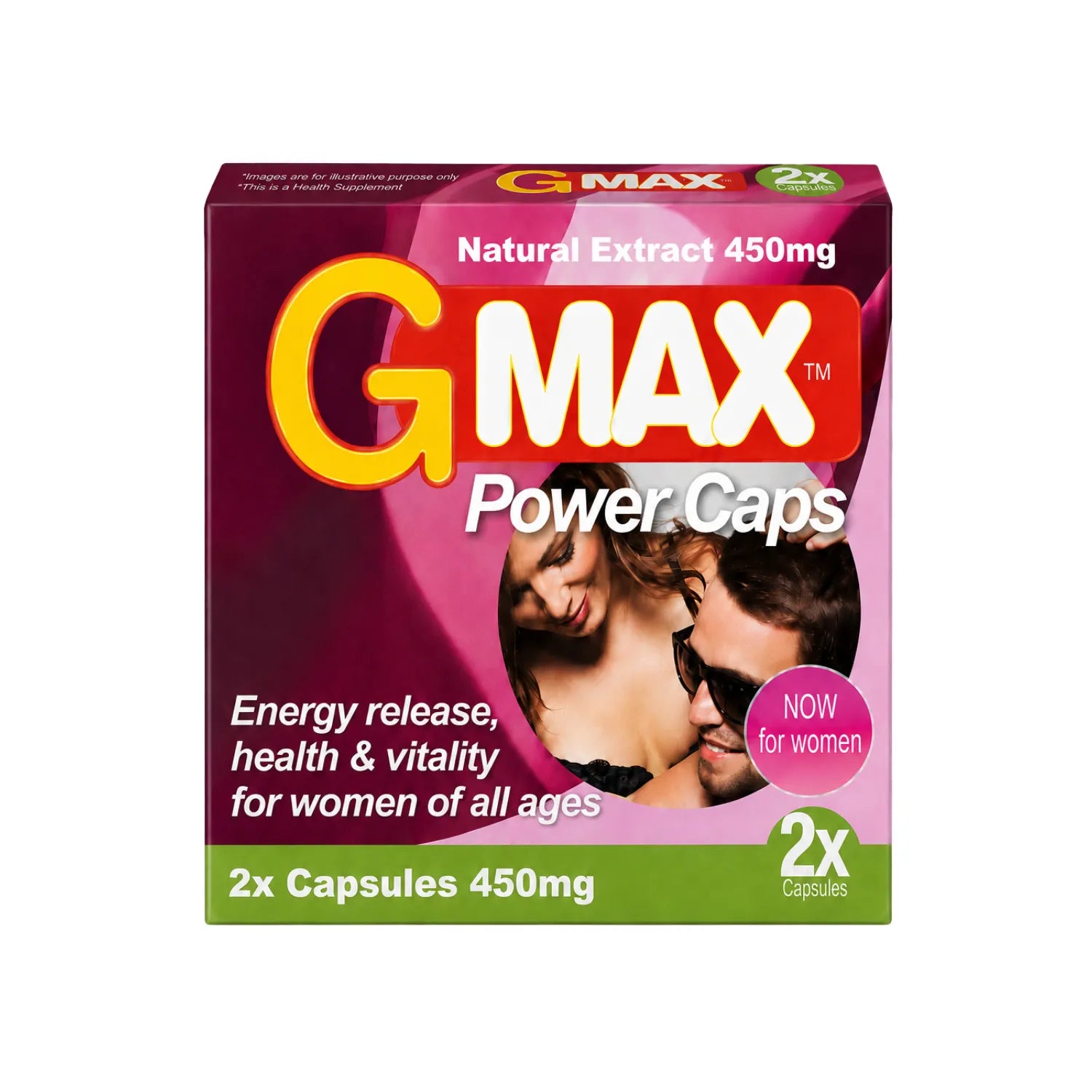 Boîte rose de G-MAX Power Caps pour femmes, 2 gélules, vitalité et bien-être, avec extraits de plantes et vitamines.