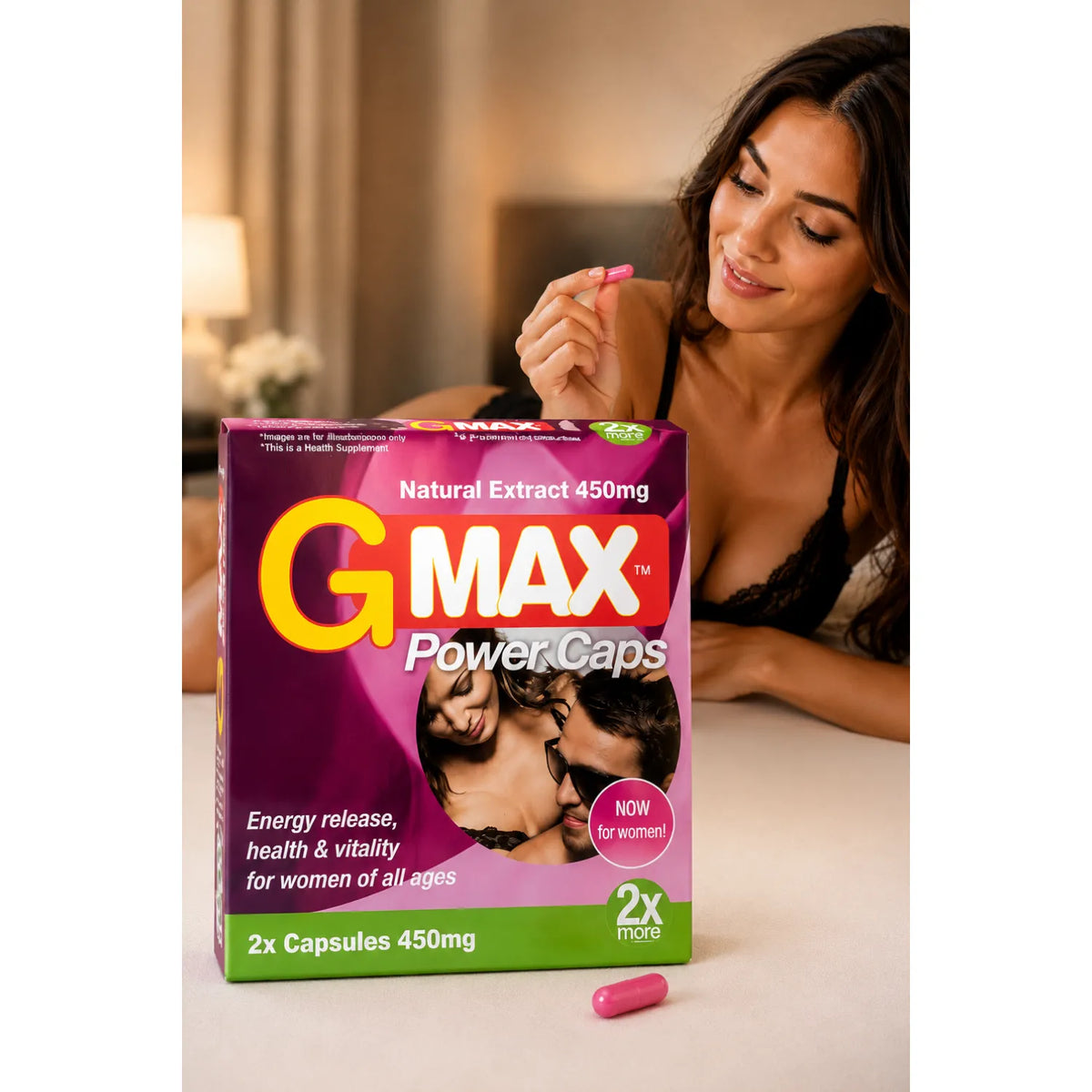 Boîte de 10 gélules roses G-MAX Pink pour vitalité féminine, avec Shatavari, Maca, Ginseng et vitamines, sur fond neutre.