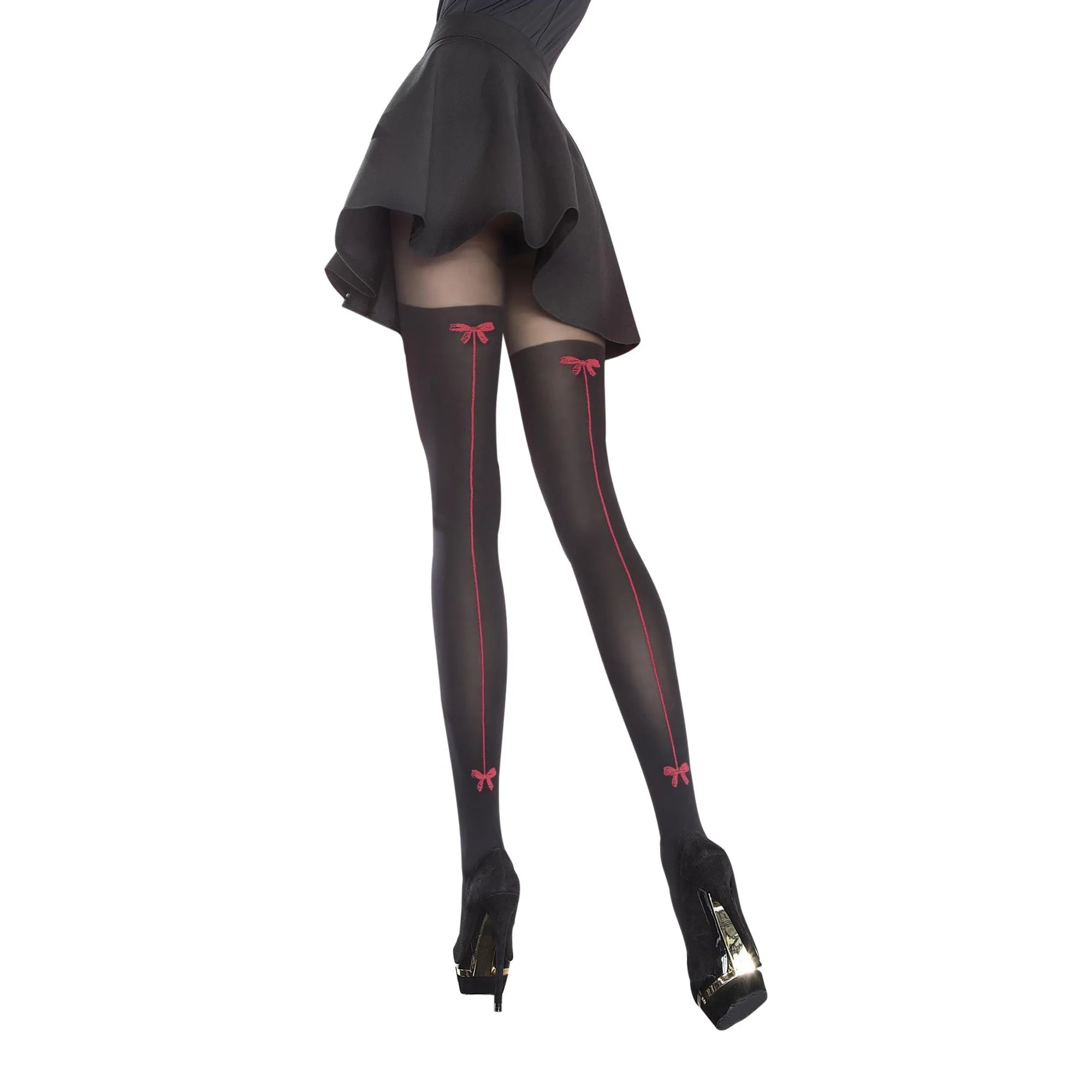 Collants noirs 40 DEN avec nœuds rouges à l'arrière, style bas autocollants, élégance et confort.