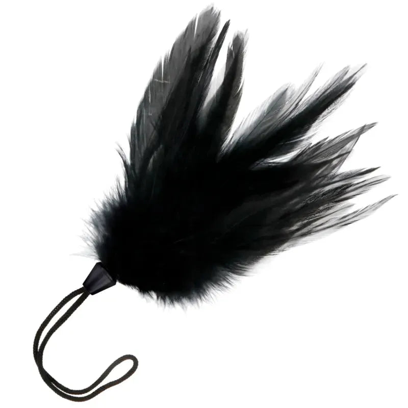 Plume noire BDSM avec poignée ergonomique, 20 cm, pour sensations érotiques et jeux sensoriels intimes.