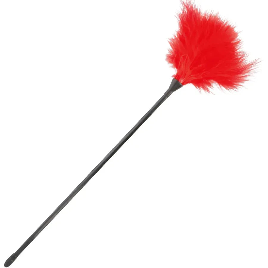 Plume rouge BDSM pour débutants, longue de 42 cm, avec poignée ergonomique noire pour exploration sensorielle douce.