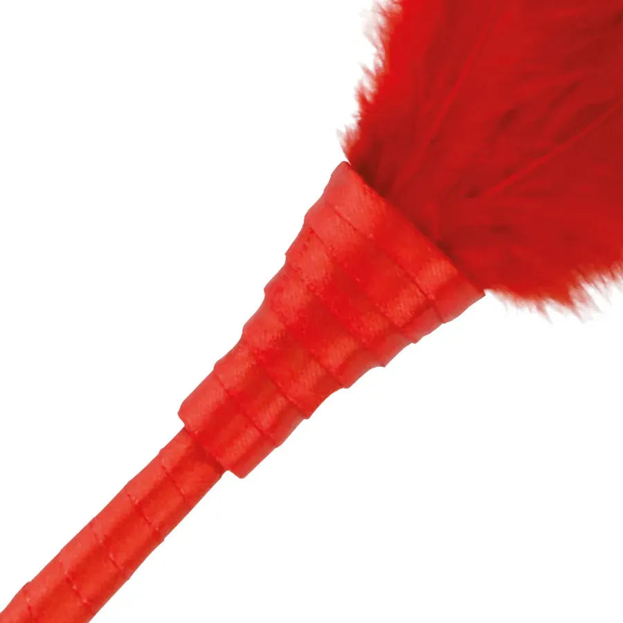 Accessoire BDSM plumes rouges érotiques, manche texturé, plumes douces pour stimulation sensorielle et moments intimes.