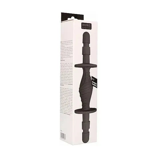 Accessoire noir double pénétration Hung System, design ergonomique, emballage blanc avec logo et texte explicatif.