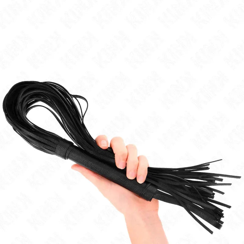 Accessoire BDSM en cuir noir, fouet élégant avec lanières, manche texturé, qualité premium pour sensations intenses.