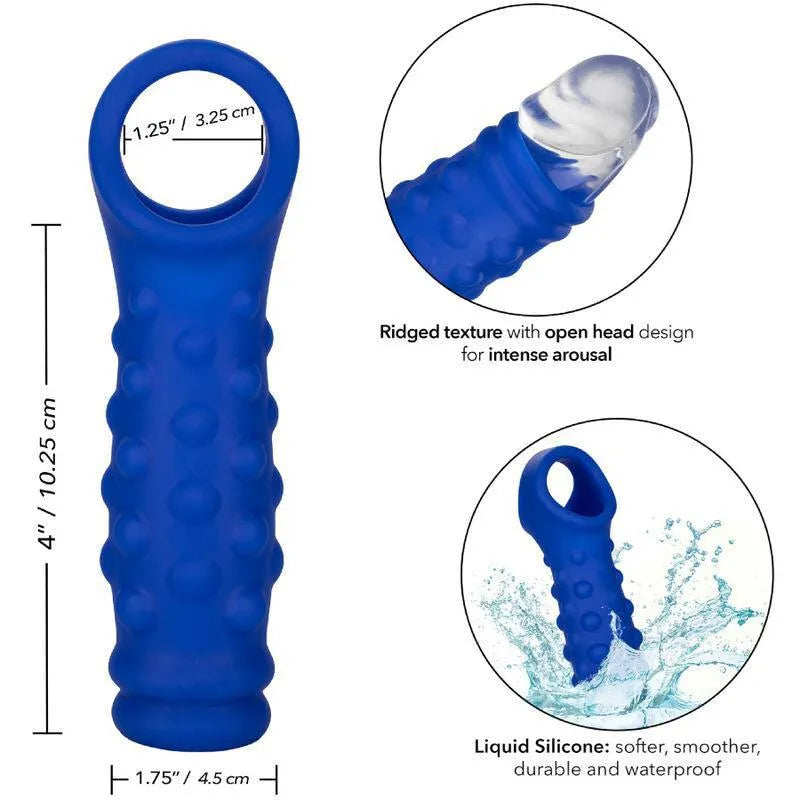 Cockring ergonomique bleu en silicone liquide, texture nervurée, design ouvert, 10,25 cm de long, 4,5 cm de large.
