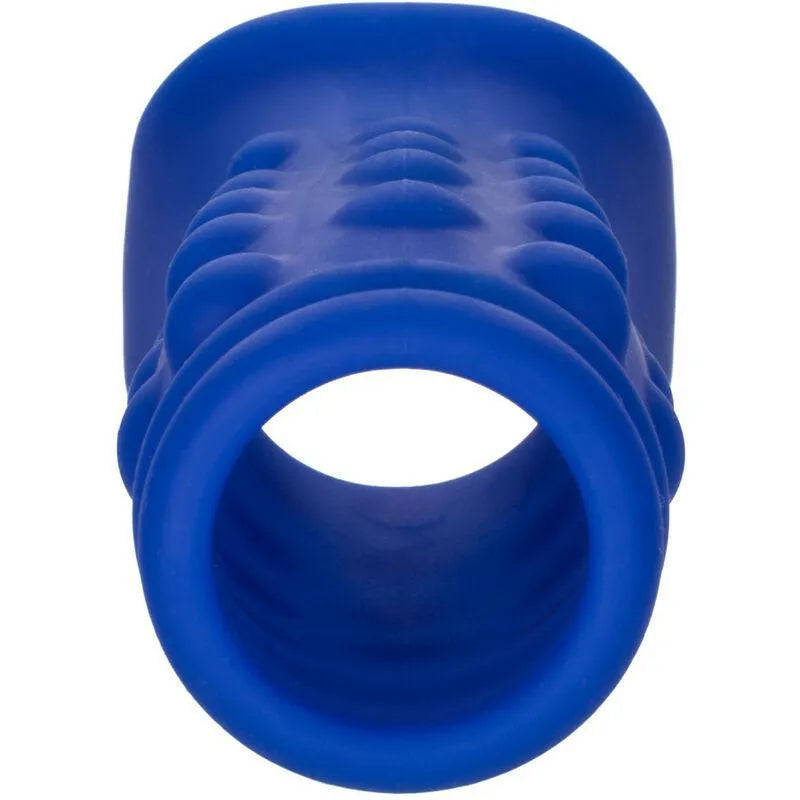 Anneau bleu en silicone liquide ergonomique, texturé pour confort et plaisir, optimisé pour une expérience intime améliorée.