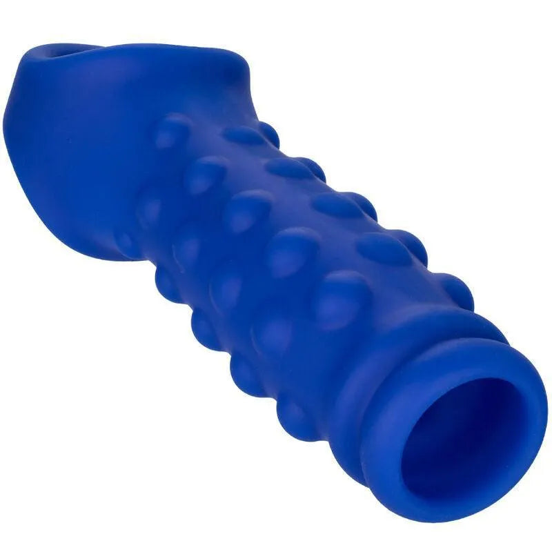 Cockring ergonomique en silicone liquide bleu, texture à reliefs, design innovant pour confort et plaisir accrus.