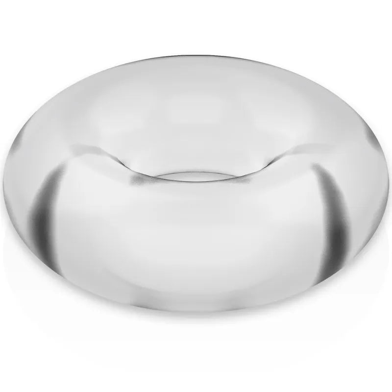 Anneau pénien hypoallergénique TPE transparent, forme circulaire, confort et performance pour intimité améliorée.