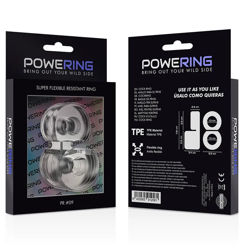 Anneau pénien testiculaire hypoallergénique Powering en TPE, transparent, dans un emballage noir avec texte explicatif.