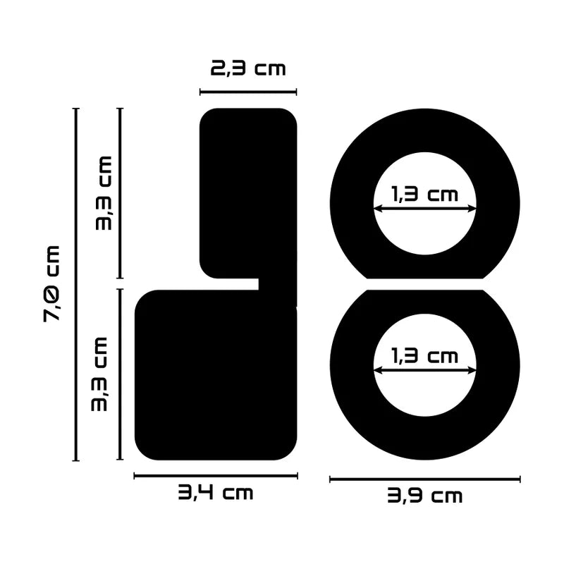 Anneau pénien testiculaire hypoallergénique noir, forme double cercle, dimensions détaillées en centimètres.