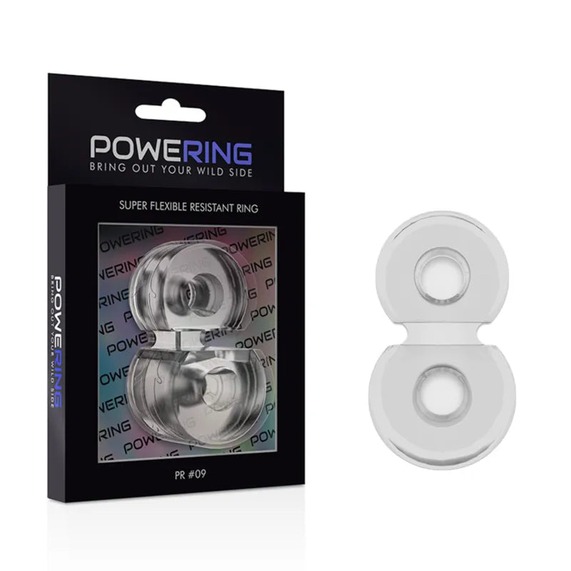 Anneau pénien testiculaire hypoallergénique transparent en TPE, forme ovale, dans un emballage noir Powering.