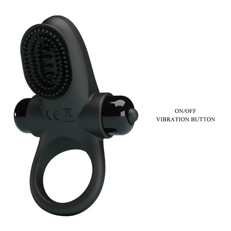 Anneau pénien vibrant noir en silicone avec texture stimulante, bouton on/off visible, pour érection prolongée.