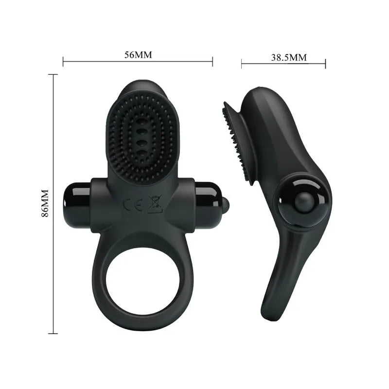 Anneau pénien vibrant noir en silicone avec texture, 10 modes de vibration, dimensions visibles, design ergonomique.
