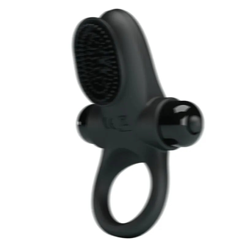 Anneau pénien vibrant noir en silicone avec texture, offrant 10 modes de vibration pour stimulation intense et prolongée.