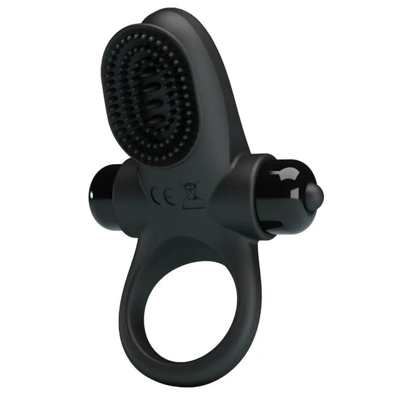 Anneau pénien vibrant en silicone noir avec texture, forme ergonomique et moteur vibrant, pour stimulation intense.