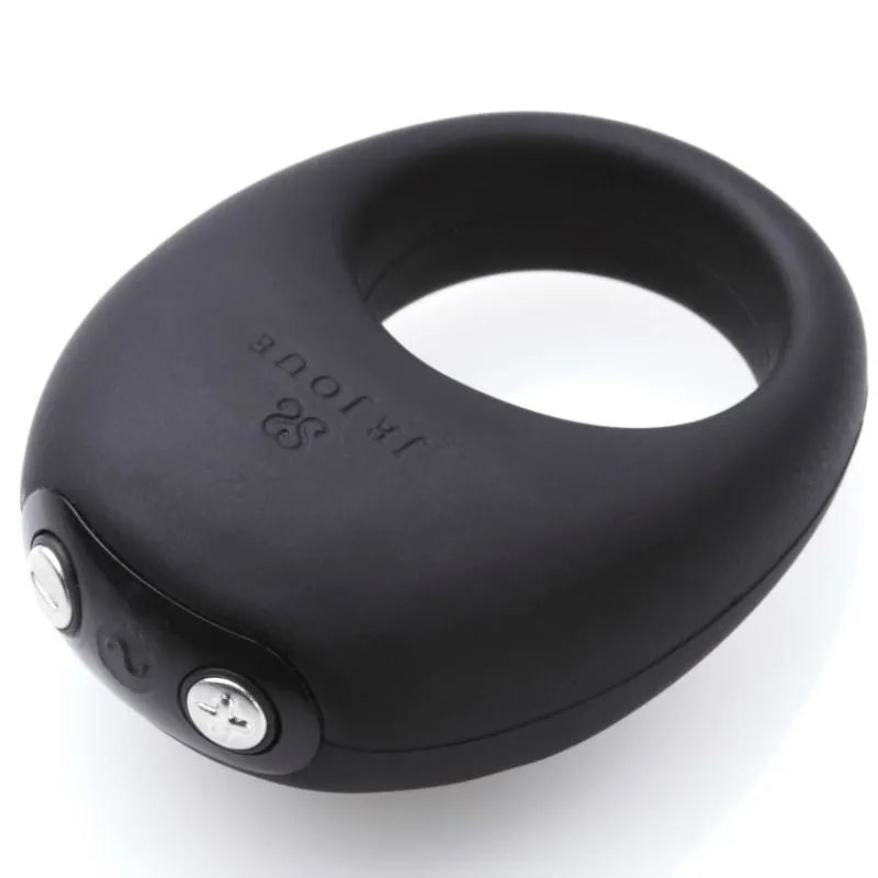 Anneau vibrant noir Je Joue Mio, flexible, élégant, avec boutons de contrôle, pour intensifier l'intimité des couples.