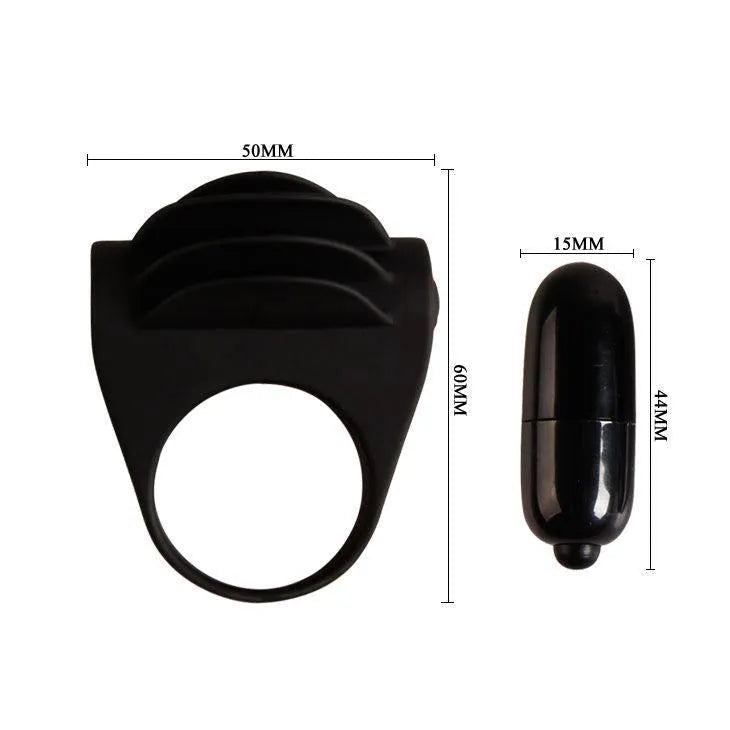 Anneau vibrant noir en silicone médical avec balle vibrante en ABS, dimensions visibles, pour stimulation clitoridienne.