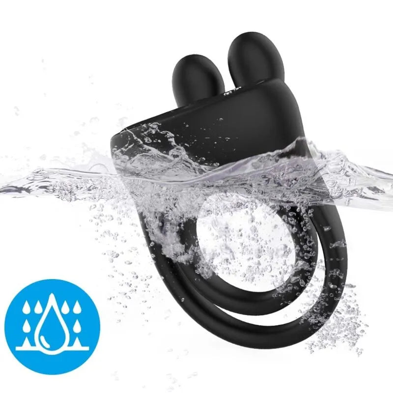 Anneau vibrant submersible noir en silicone, double anneau, 9 modes, design ergonomique, immersion dans l'eau.