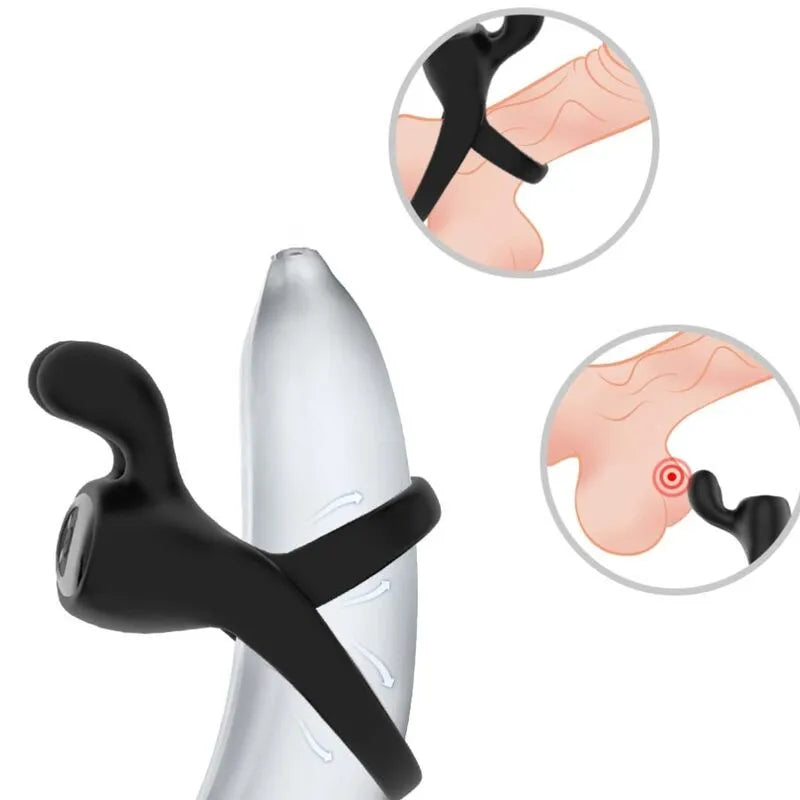 Anneau vibrant noir en silicone médical, submersible, avec 9 modes de vibration, pour expériences intimes optimisées.