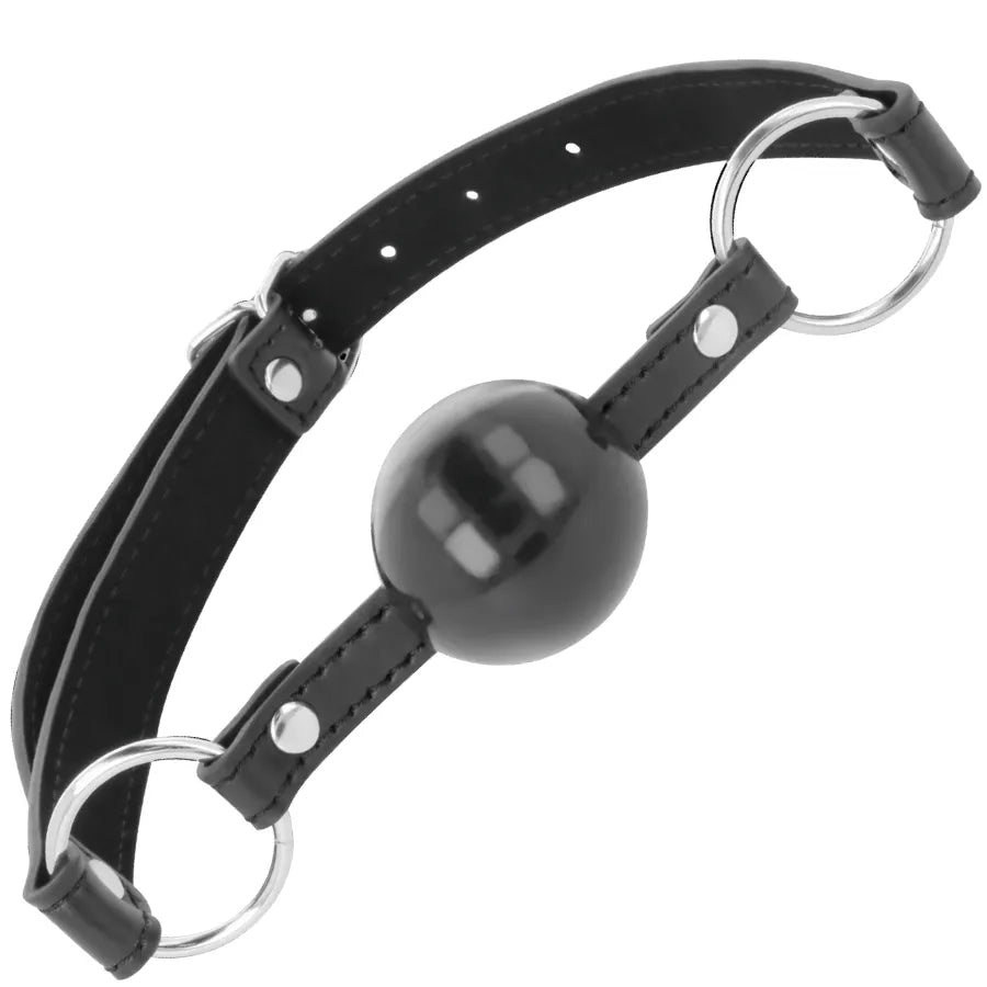 Bâillon BDSM cuir noir ajustable, lanières cousues, boule centrale, anneaux métalliques, produit fétiche haut de gamme.