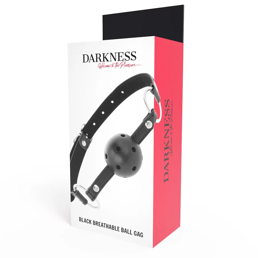 Bâillon boule noir en cuir ajustable avec lanières et coutures élégantes, accessoire BDSM pour jeux coquins.