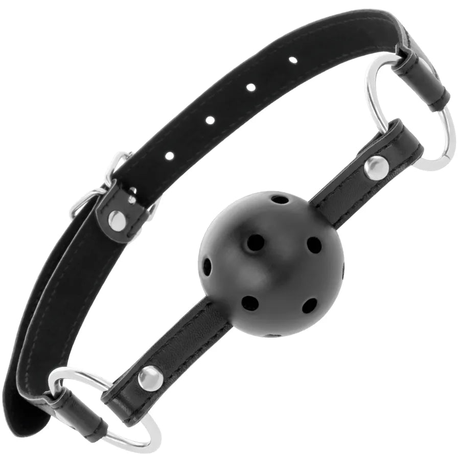 Bâillon boule noir en cuir ajustable avec lanières et coutures élégantes, accessoire BDSM pour jeux coquins.