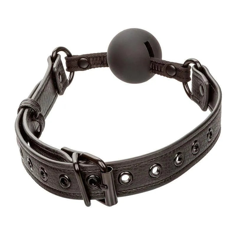 Bâillon boule silicone noir réglable avec sangle en cuir, boucle robuste, sécurité et confort pour expérience BDSM.