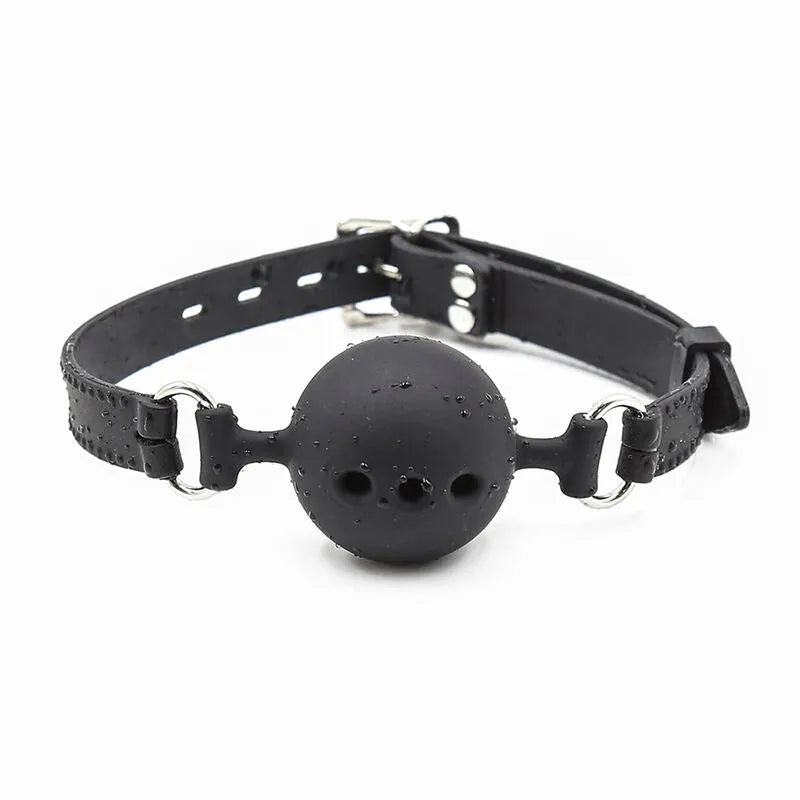 Bâillon en silicone noir hypoallergénique Ohmama avec bretelles réglables, design ergonomique pour confort et sécurité.