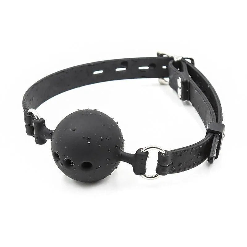 Bâillon en silicone noir hypoallergénique avec bretelles réglables et design ergonomique pour jeux de rôle sécurisés.