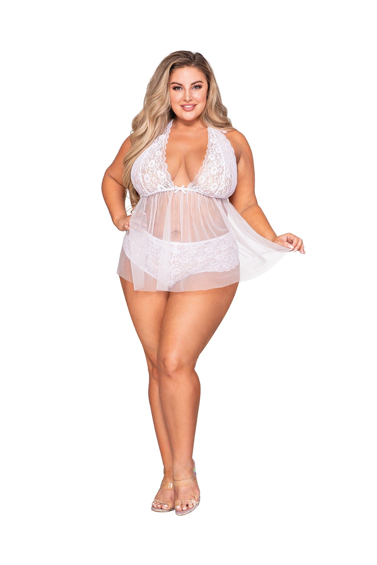 Babydoll grande taille dentelle et résille et string assorti - DG12190XWHT