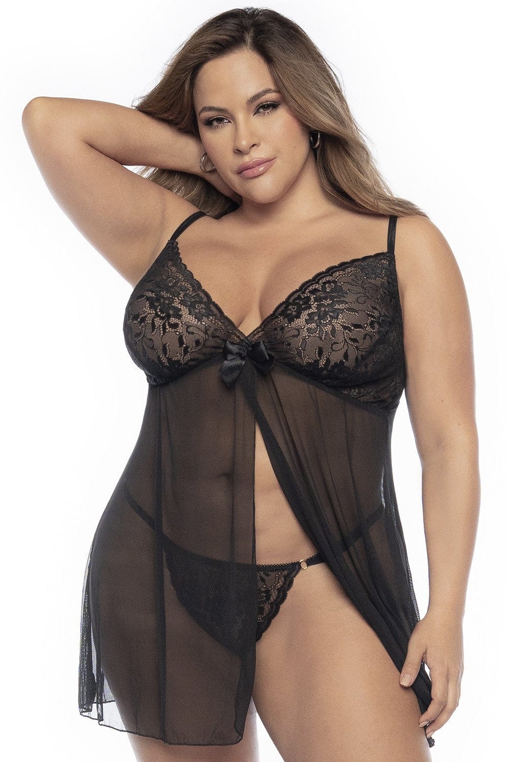 Babydoll, grande taille, en dentelle et résille noire ouvert sur le devant - MAL7501XBLK