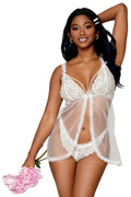 Babydoll Résille Texturée Perles Dentelle Blanche