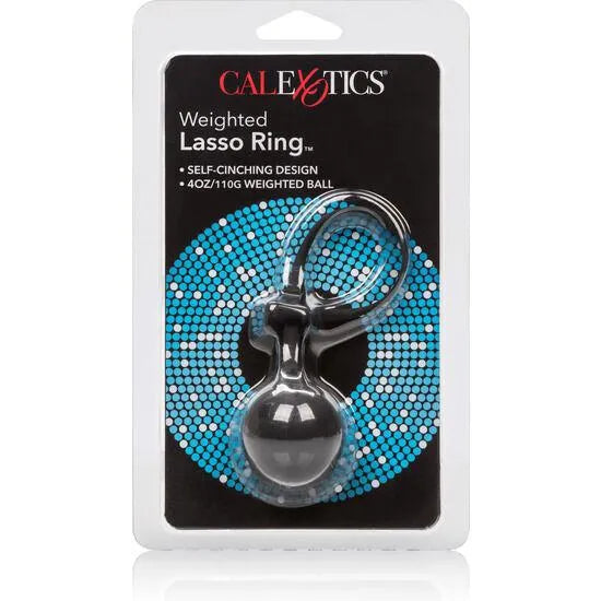 Bague en silicone noire lestée pour érection, forme ergonomique, emballage avec design moderne bleu et noir.