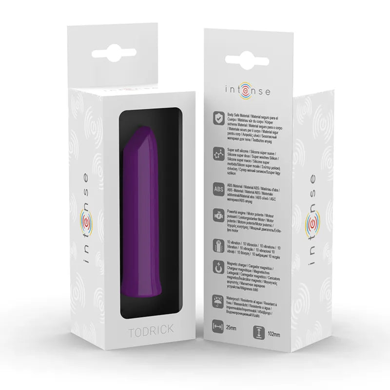 Balle vibrante en silicone violet, étanche, compacte, élégante, dans un emballage blanc avec texte descriptif.