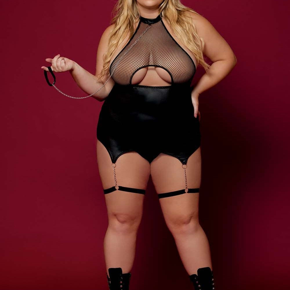 Body BDSM noir, grande taille, en maille avec corset / porte-jarretelles, simili cuir, intégré - DG13295XBLK