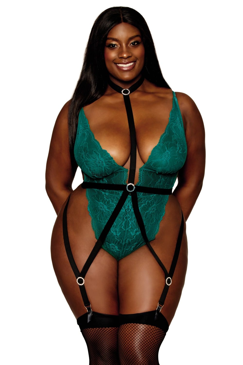 Body dentelle grande taille vert ouvert à l'entrejambe et harnais noir ajustable - DG13074PEA