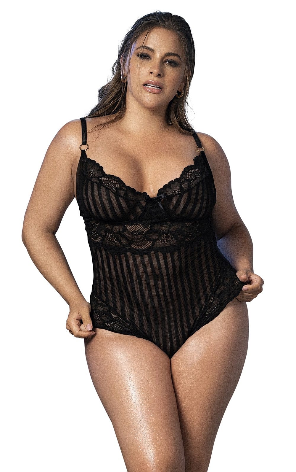 Body dentelle noire,  rayé en dentelle et fine résille - MAL8631XBLK