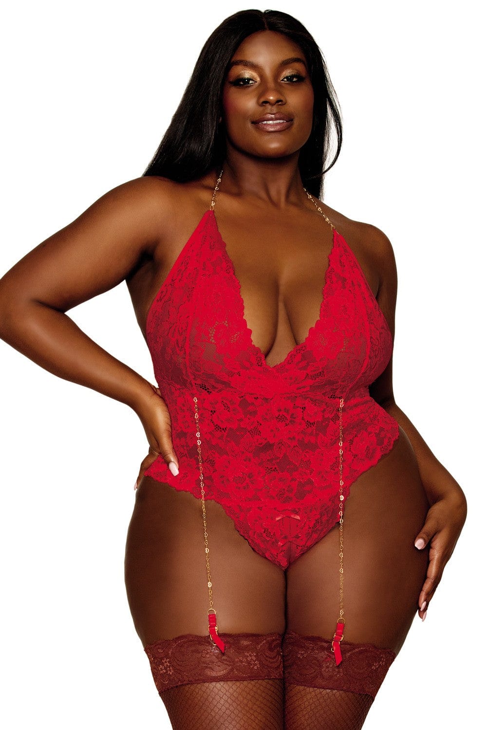 Body dentelle rouge grande taille ouvert à l'entrejambe avec porte jarretelles en chainettes - DG13089XRED