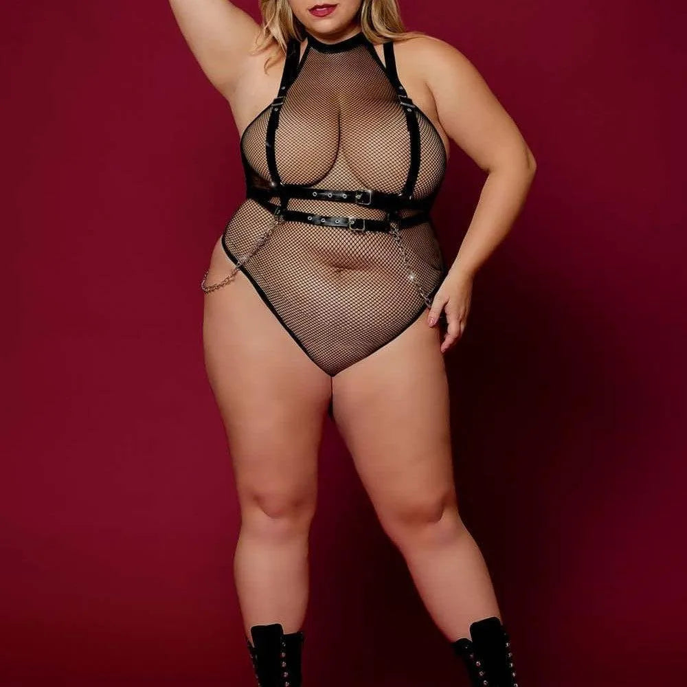 Body En Résille Noir Grande Taille Avec Harnais Chaînes